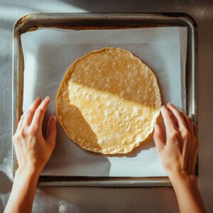 Whole grain flatbread being prepared on a parchment-lined baking tray for the taco pizza base.