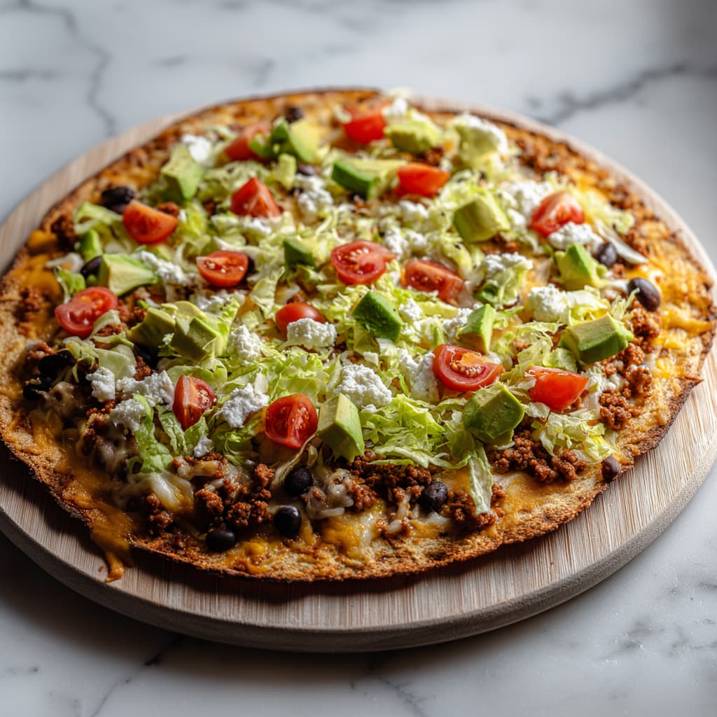 Taco pizza topped with lettuce, avocado, tomatoes, and cottage cheese after baking