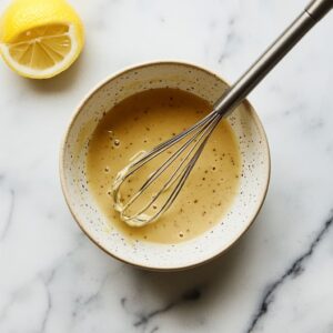 Whisking tahini, lemon juice, and maple syrup to make dressing.