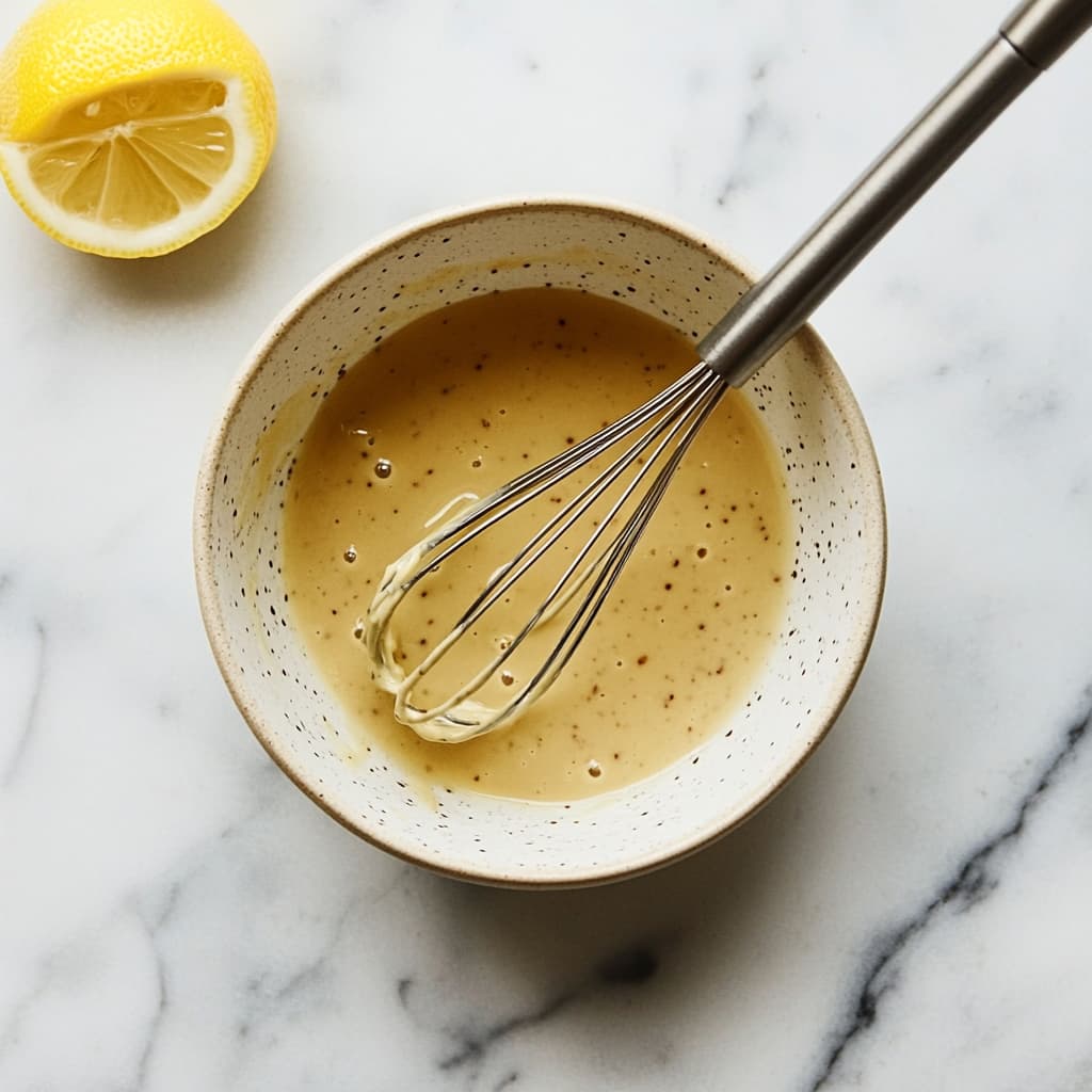 Whisking tahini, lemon juice, and maple syrup to make dressing.