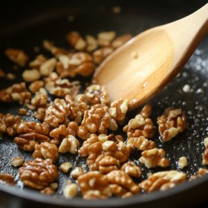 Toasting chopped walnuts in a skillet for added crunch and flavor.