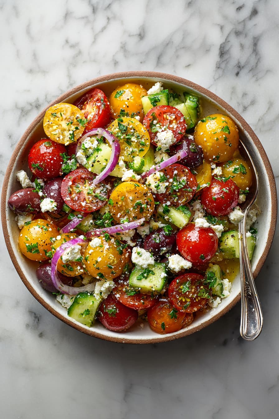 Fresh and colorful tomato cucumber feta salad with olives and red onions, tossed in olive oil dressing and garnished with herbs.

