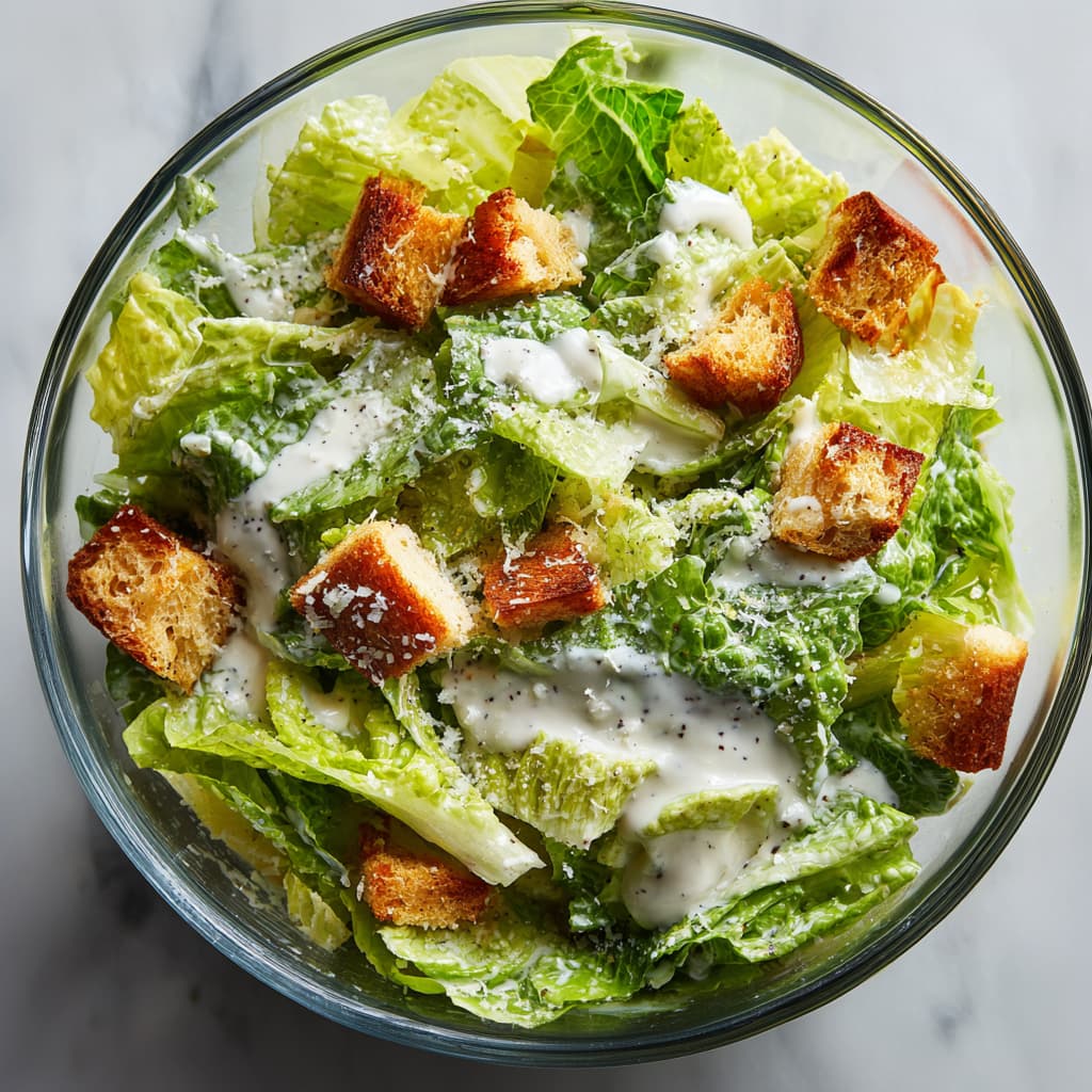 Caesar salad tossed with Greek yogurt dressing in a glass bowl