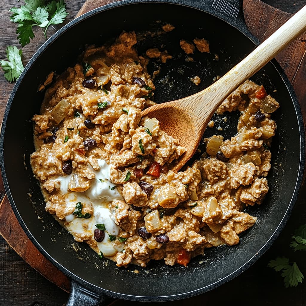 Ground turkey mixed with black beans, green chiles, and Greek yogurt in a skillet.
