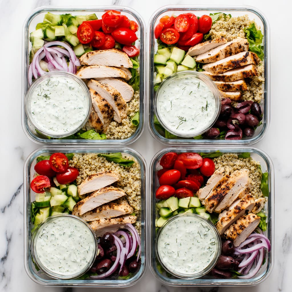 Mediterranean tzatziki chicken salad prepared in meal prep containers