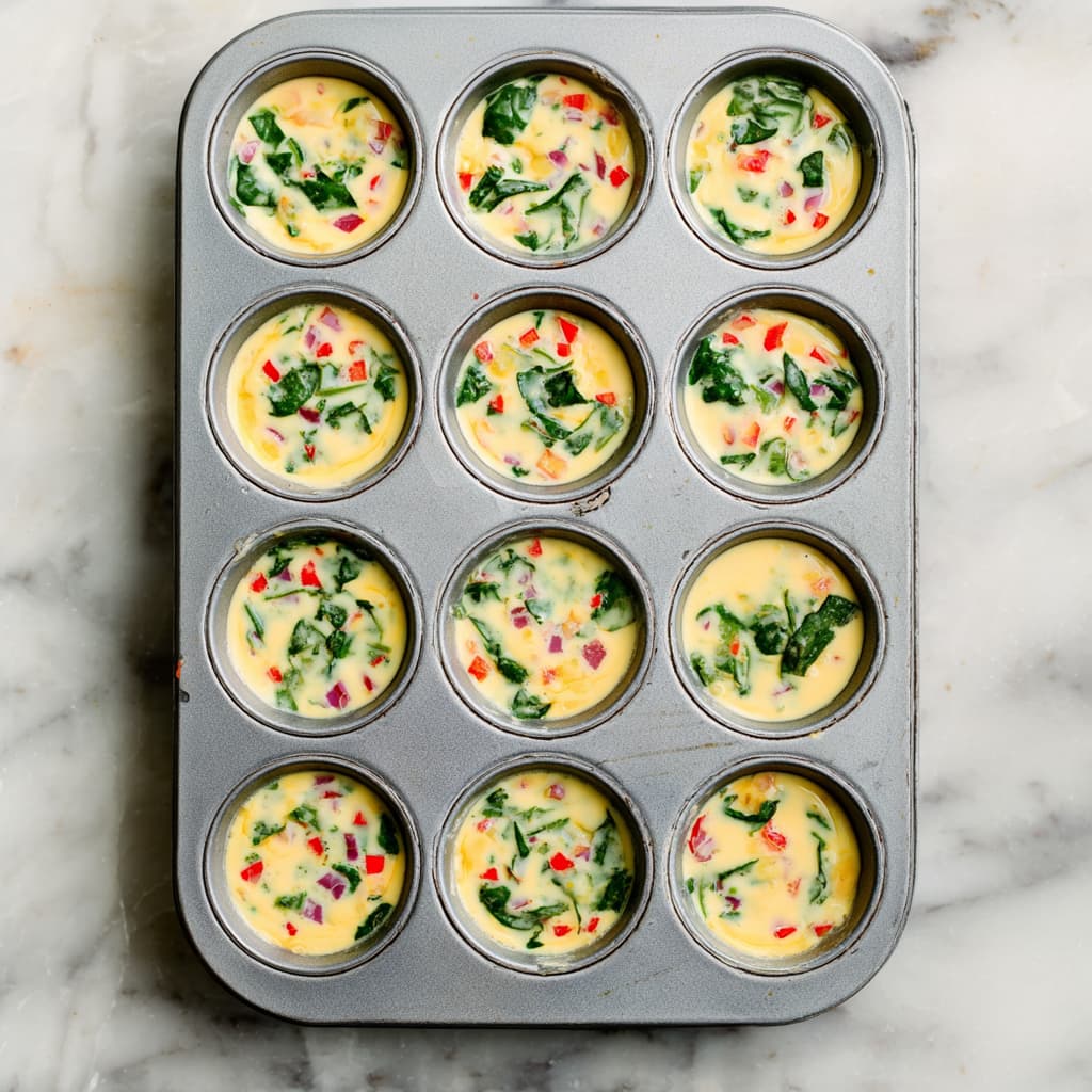 Cottage cheese egg bite mixture poured into a muffin tin, each cup filled to the top with raw egg batter, spinach, red bell pepper, and light seasoning before baking.