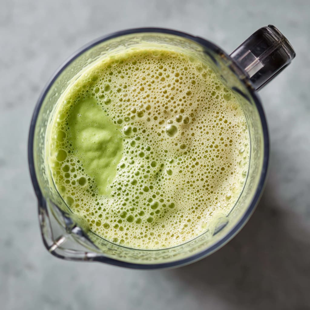 Matcha smoothie being blended into a smooth, creamy consistency in a blender.