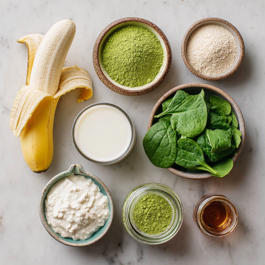 Flat lay of vegan matcha smoothie ingredients including frozen banana, matcha powder, almond milk, plant-based protein, Greek yogurt, and spinach.