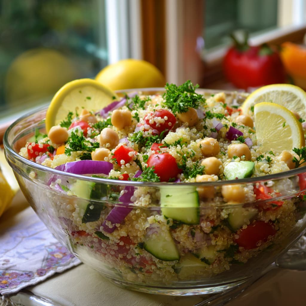 Vegan quinoa chickpea salad with fresh vegetables, herbs, and lemon dressing in a glass bowl
