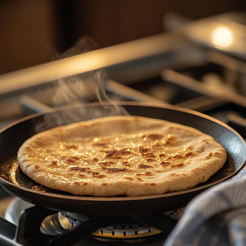 Warm pita bread heating in a skillet on the stovetop, lightly browned and steaming as it warms for assembling chicken gyros.