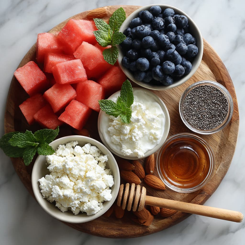 Ingredients for Watermelon Cottage Cheese Recovery Bowl prepared on a cutting board with small bowls of toppings.