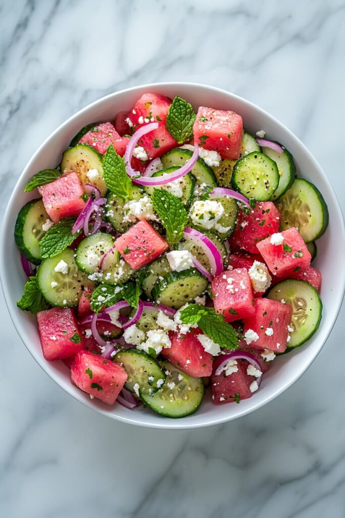 Refreshing watermelon cucumber salad with feta, mint, and red onion in a white bowl, topped with olive oil lime dressing