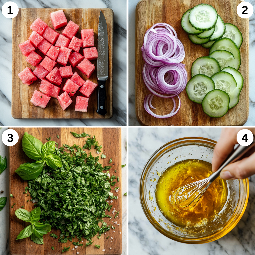 Four-step collage showing cubed watermelon, sliced cucumber and red onion, chopped herbs, and whisked lime-olive oil dressing for a fresh summer salad.