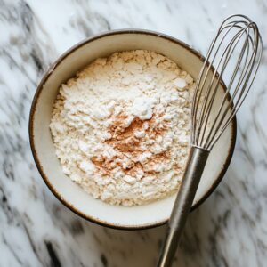 Whisking dry ingredients for protein bars in a mixing bowl.