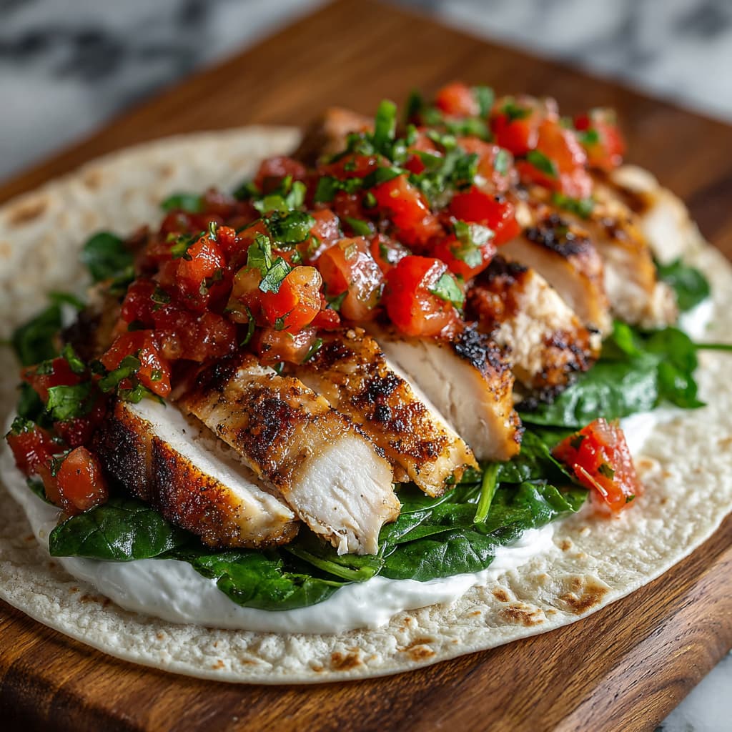 Whole wheat wrap layered with yogurt, spinach, grilled chicken, and bruschetta mix.
