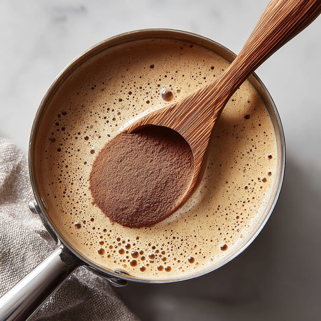 Whisking chocolate protein powder into hot almond milk for a smooth texture