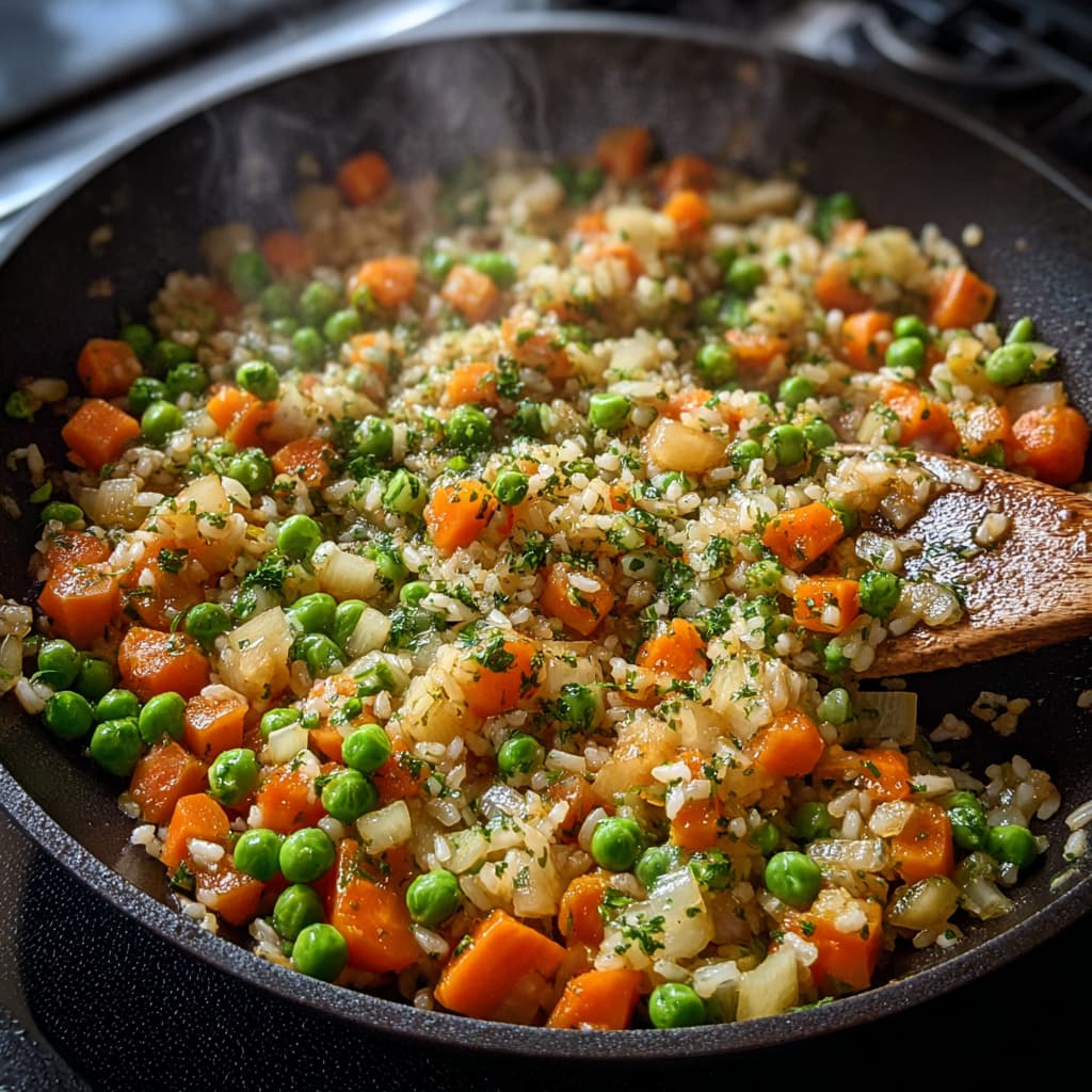 Cold rice added to stir-fried vegetables for chicken fried rice.