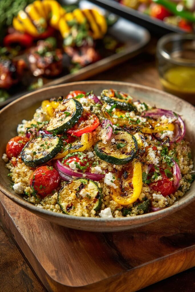 Grilled Veggie Quinoa Salad with zucchini, peppers, tomatoes, quinoa, and feta served in a bowl