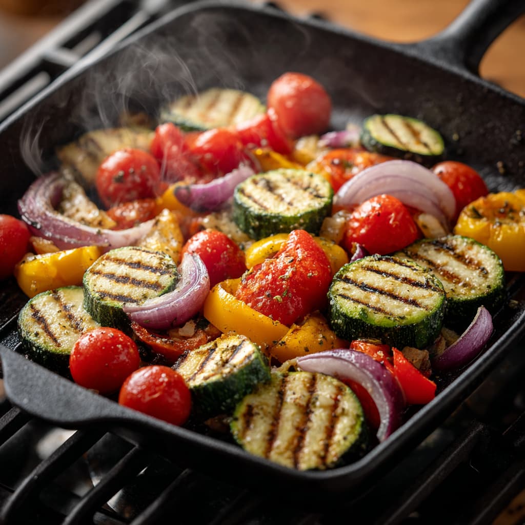 Vegetables grilling on open flame with visible char marks