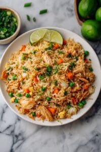 Healthy chicken fried rice served in a white bowl with chopsticks.