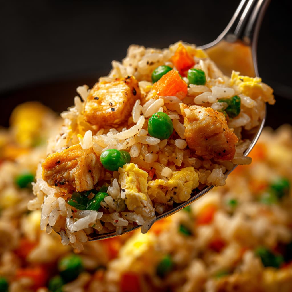 Spoonful of high protein chicken fried rice with eggs, peas, carrots, and diced chicken breast, healthy homemade takeout-style meal.