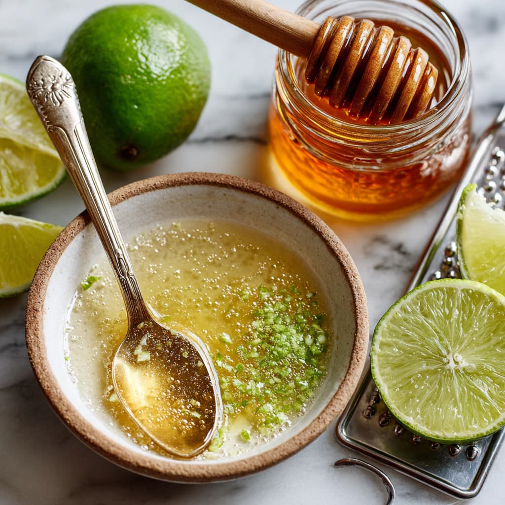 Whisking honey, lime juice, and zest in a small bowl to make dressing for fruit salad.