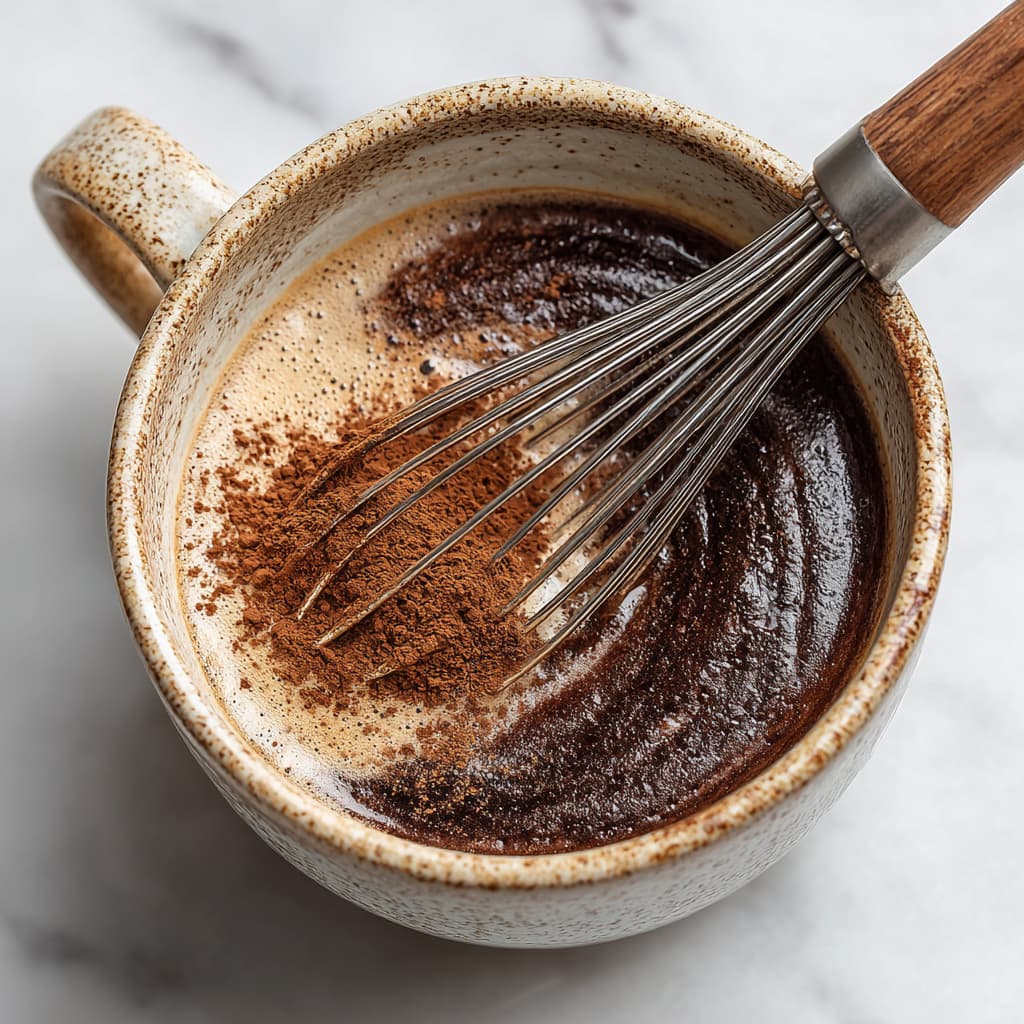 Mixing cocoa powder, maple syrup, and cinnamon into a chocolate paste in a mug