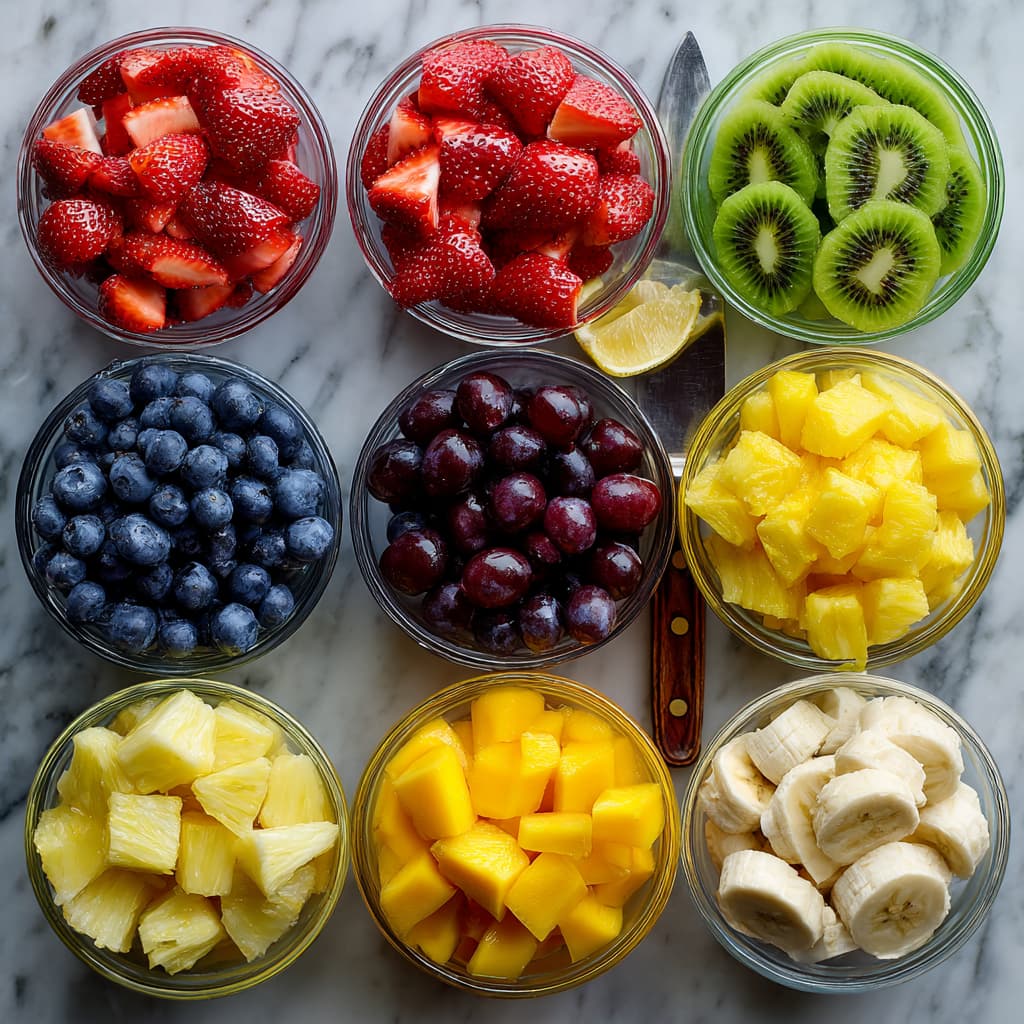 Prepped fresh fruits in bowls including strawberries, pineapple, kiwi, mango, and grapes for rainbow fruit salad.