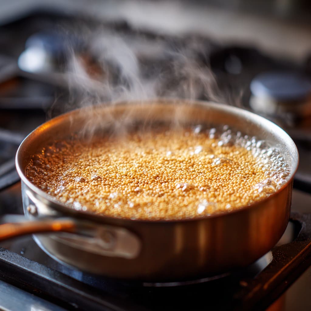 Rinsing quinoa in a sieve and cooking it in a pot until fluffy