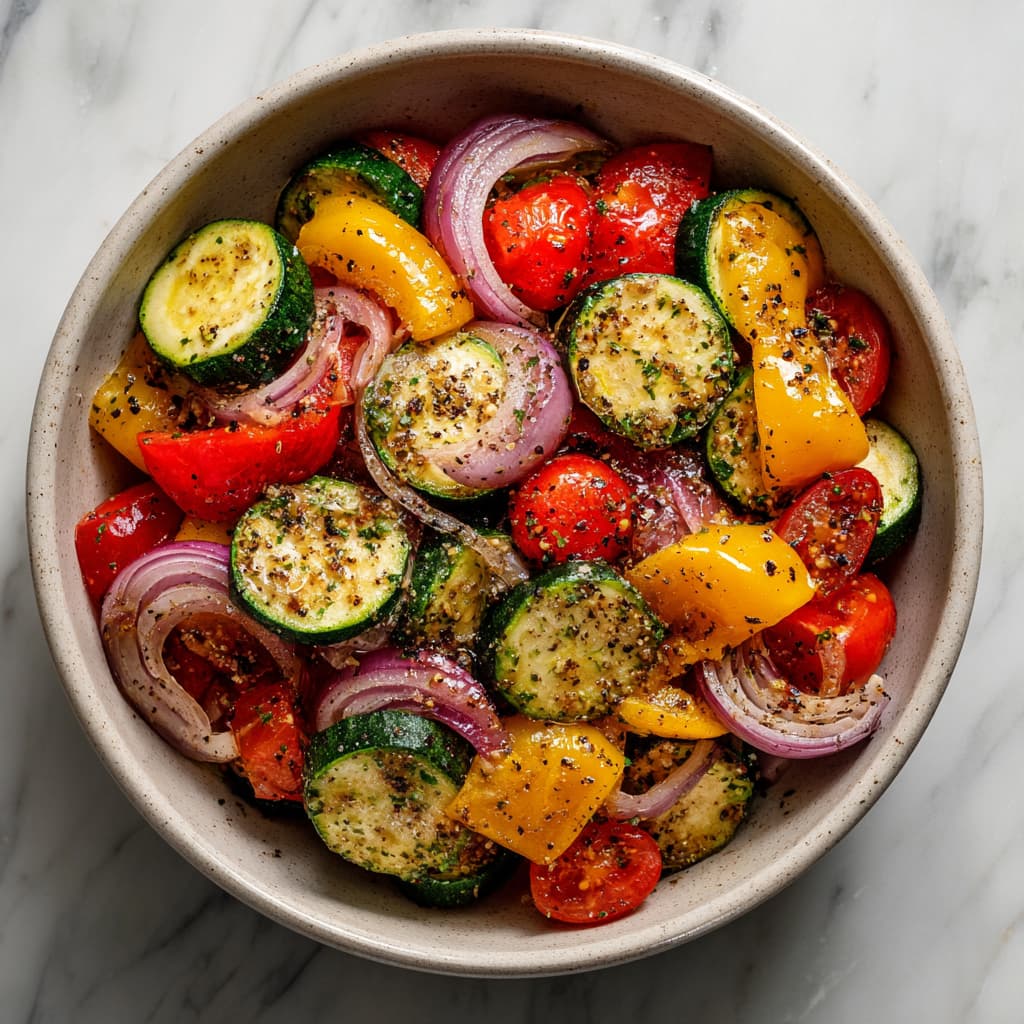 Fresh sliced vegetables tossed in olive oil and seasoning in a bowl