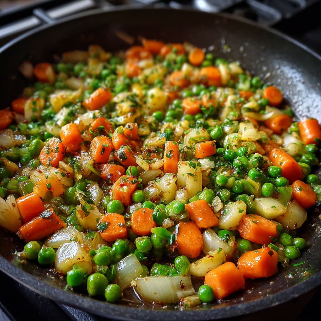 stir-fried vegetables for chicken fried rice in a skillet