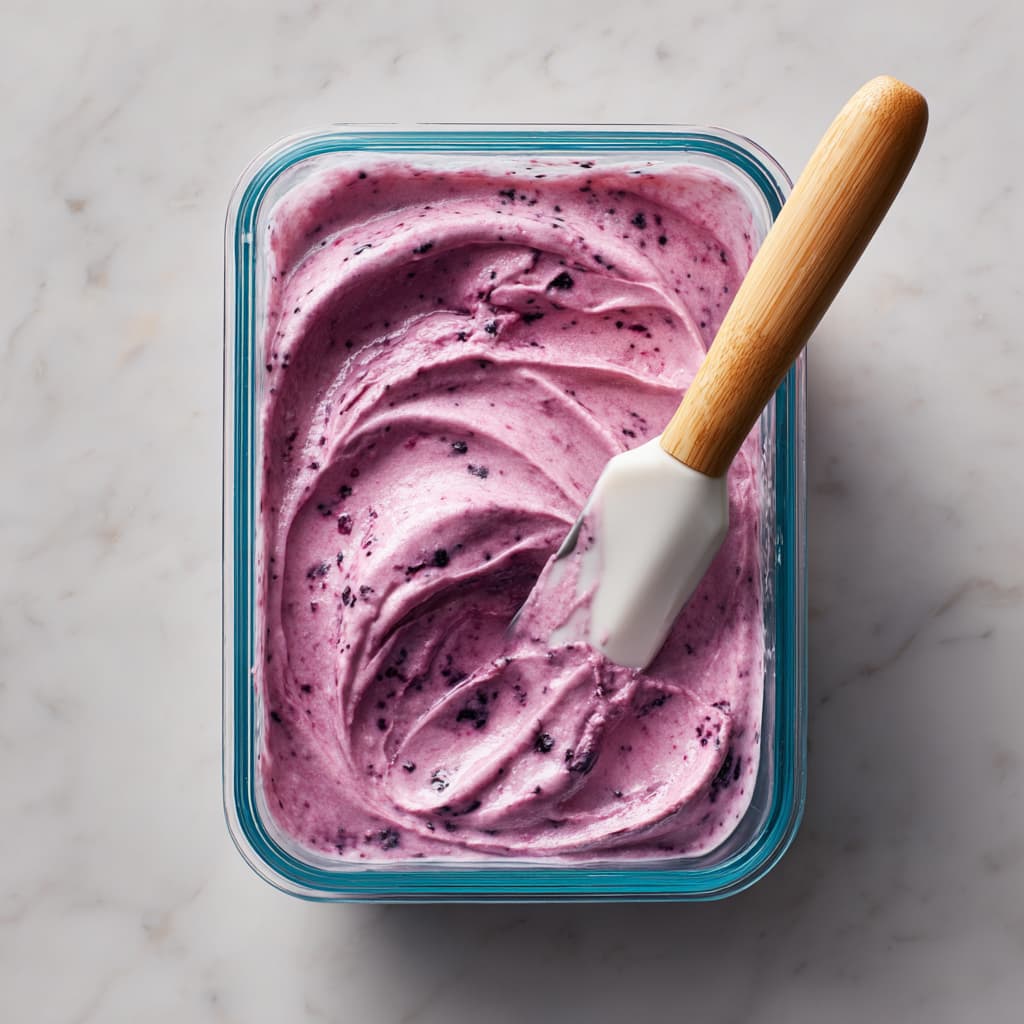 Blueberry Greek yogurt mixture in a container before freezing.