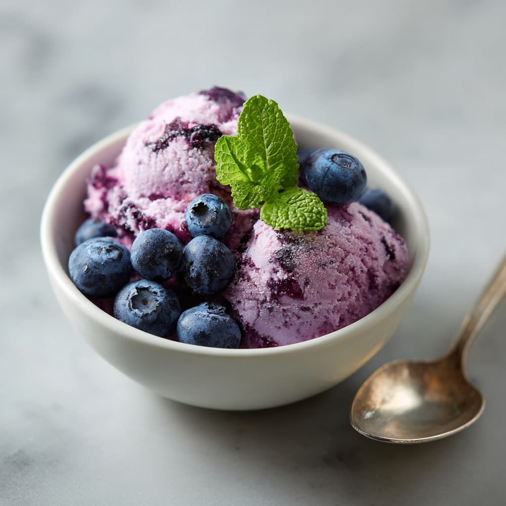 Bowl of blueberry Greek frozen yogurt with fresh blueberries.