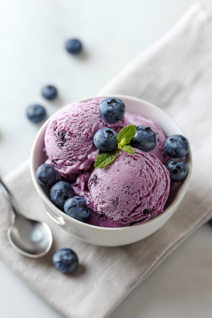 Healthy blueberry Greek frozen yogurt with fresh blueberries in a bowl.
