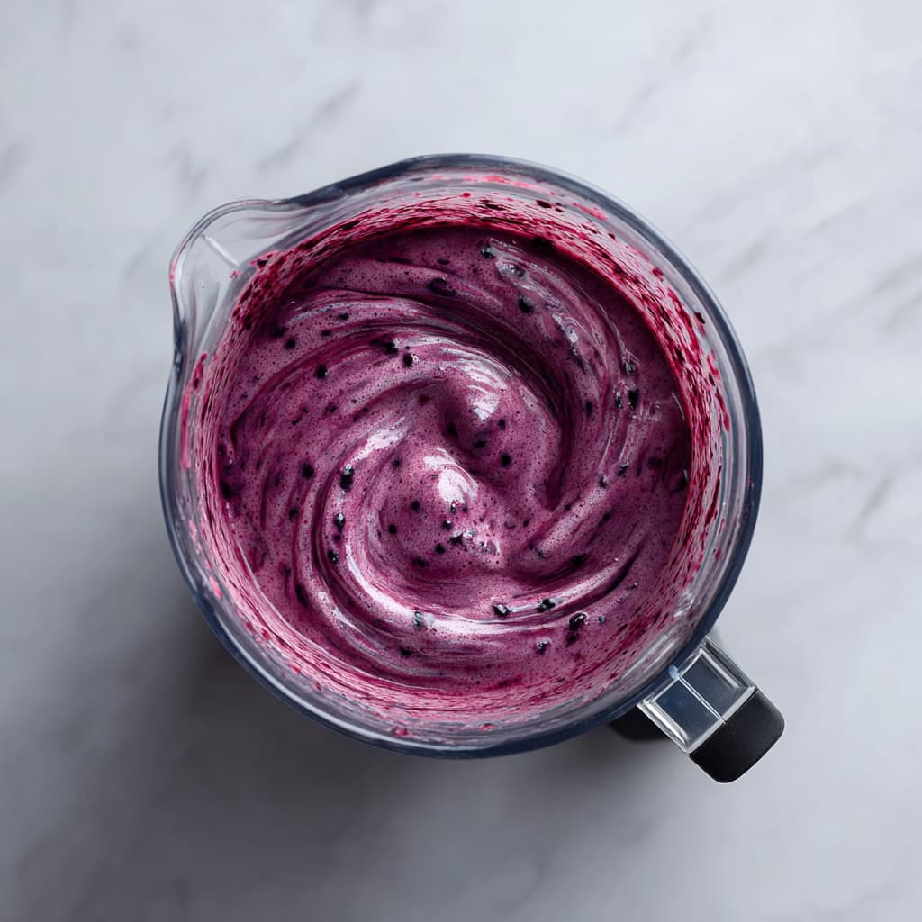 Thick blueberry Greek yogurt blend inside a blender.