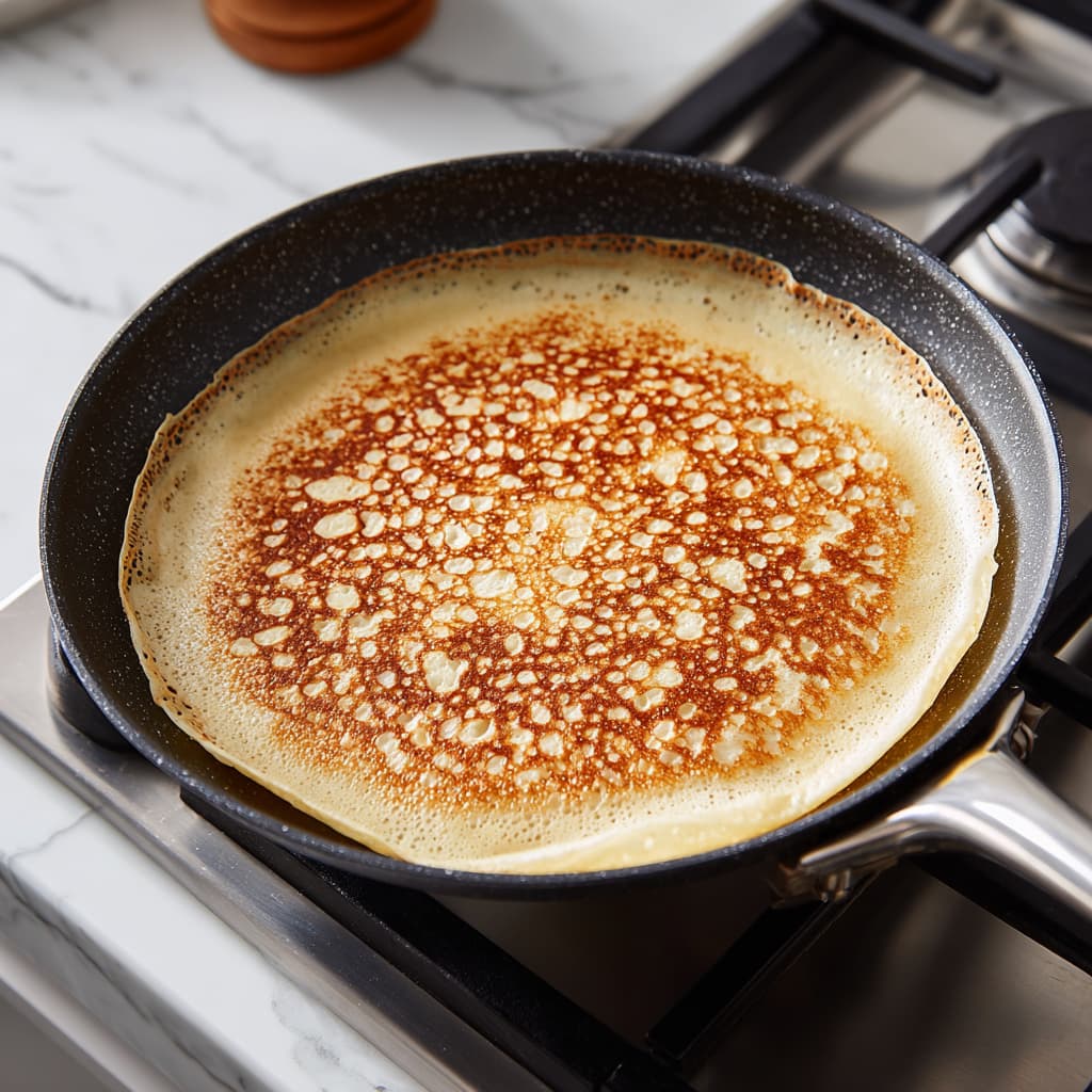 Cooking high protein cinnamon roll crepe in a non-stick pan