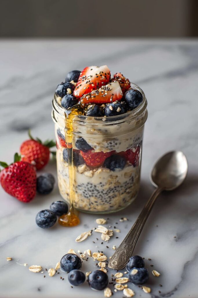 Healthy overnight oats in a jar topped with fresh fruit and honey.