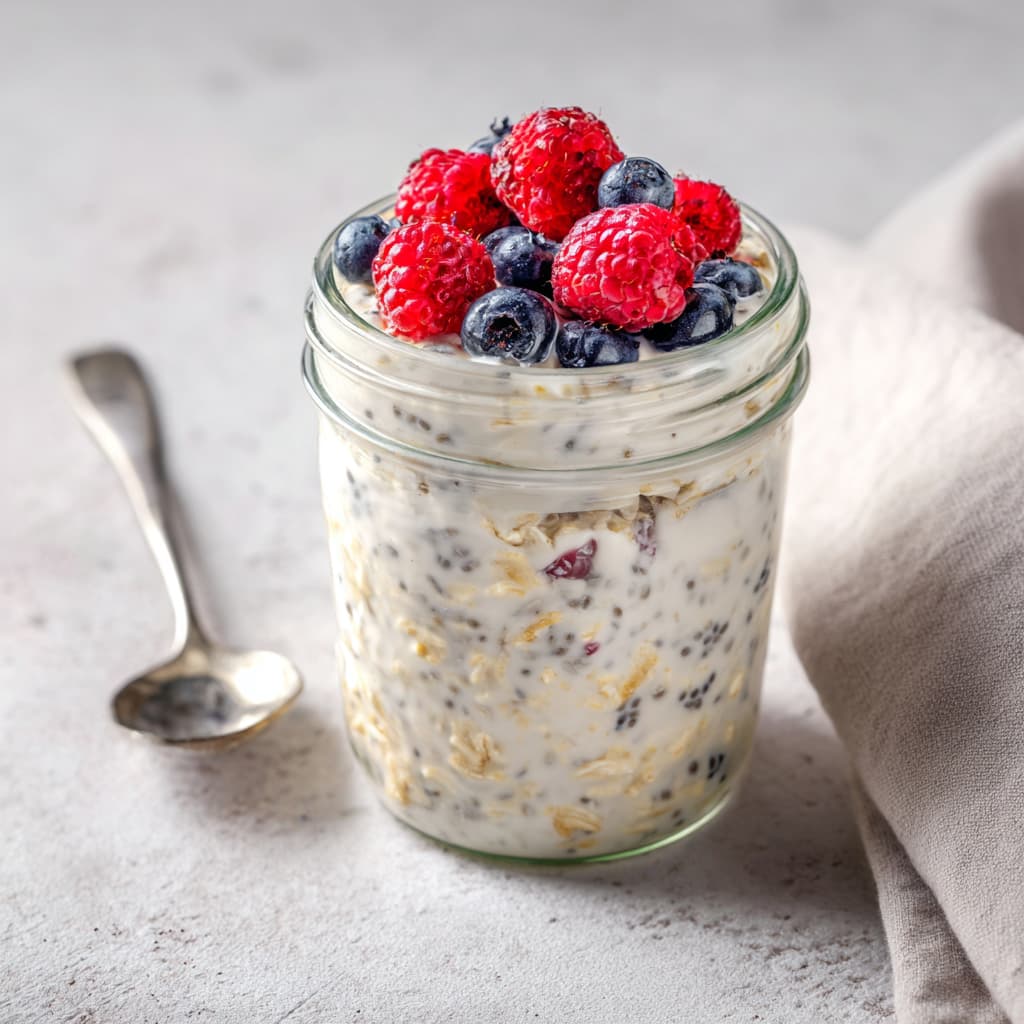 High protein overnight oats in a glass jar made with oats, Greek yogurt, and chia seeds, topped with raspberries and blueberries on a light stone surface.