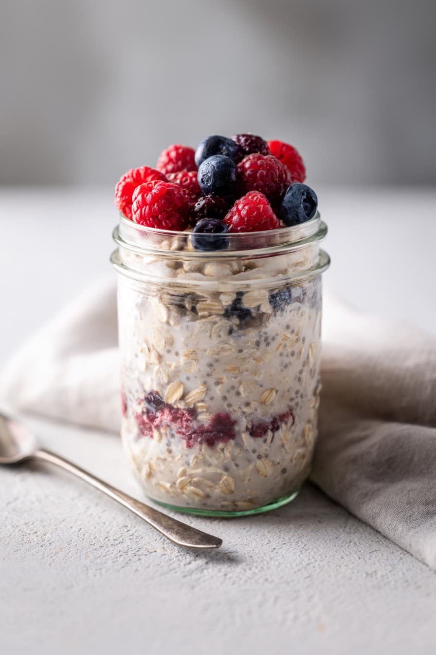 Layered high protein overnight oats with Greek yogurt and chia seeds in a glass jar, topped with mixed berries for an easy healthy breakfast.