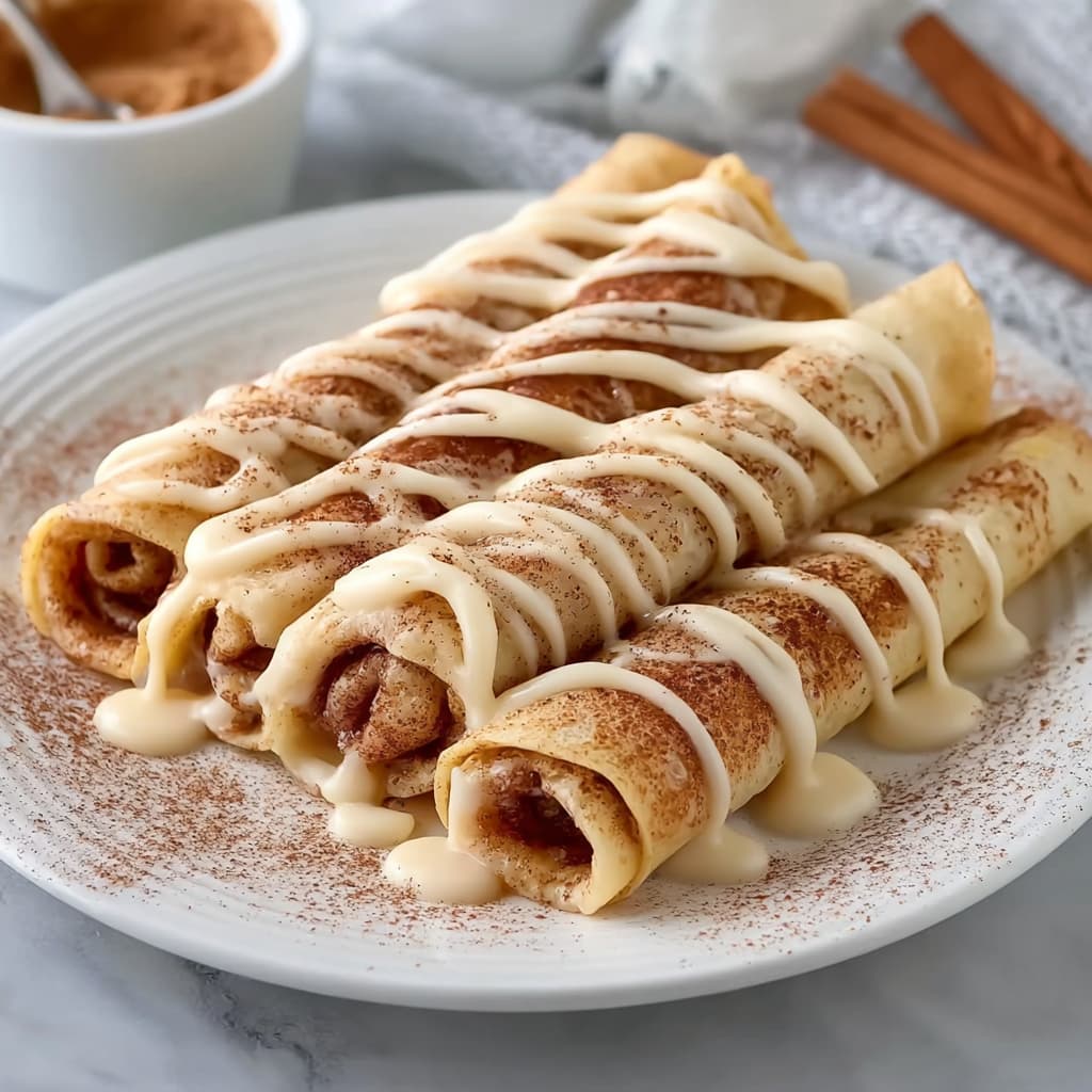 Rolled cinnamon roll high protein crepes with glaze and berries