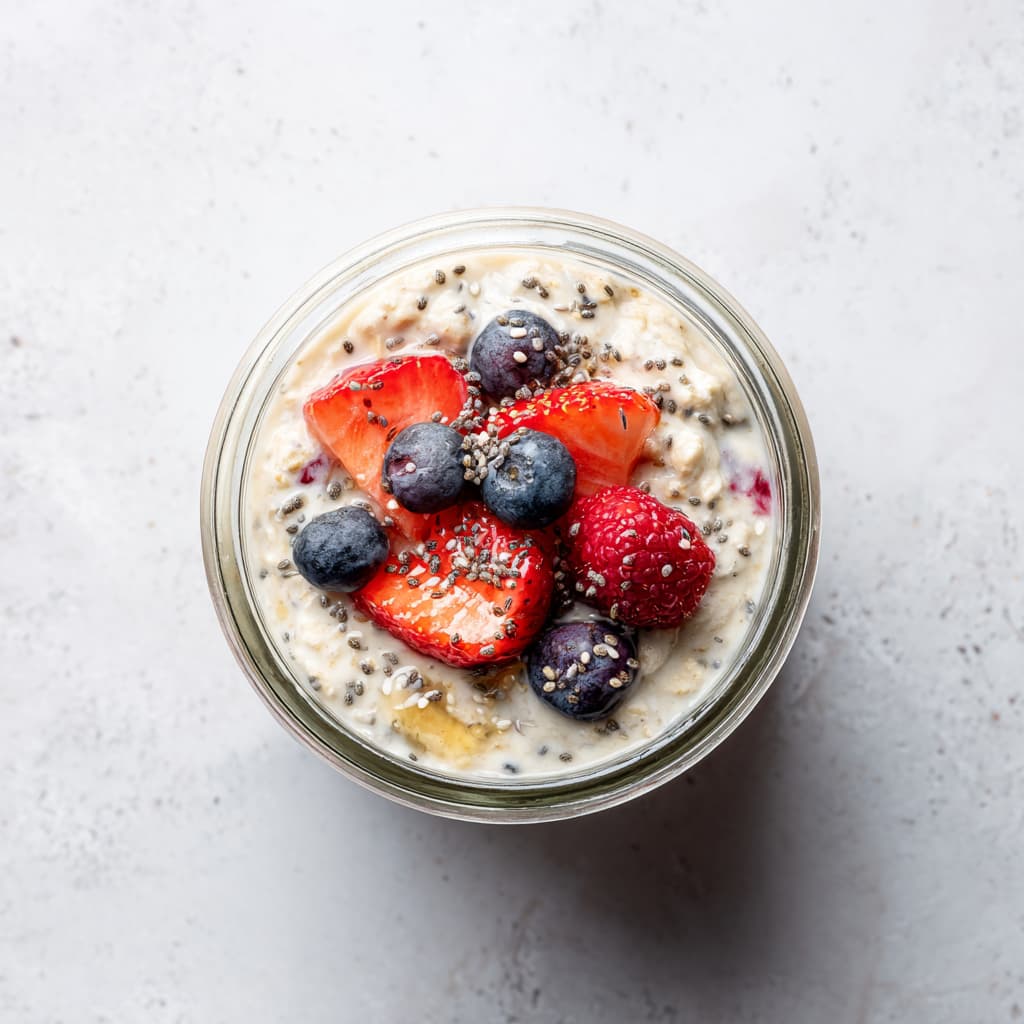 Overhead view of high protein overnight oats with Greek yogurt and chia seeds, topped with strawberries, blueberries, and raspberries.