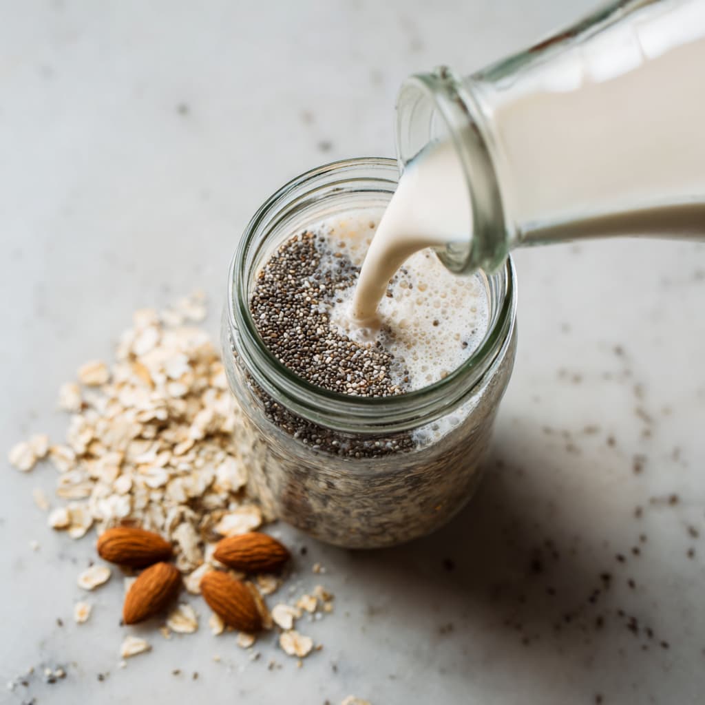 Almond milk being poured into oats and chia seeds for overnight oats.
