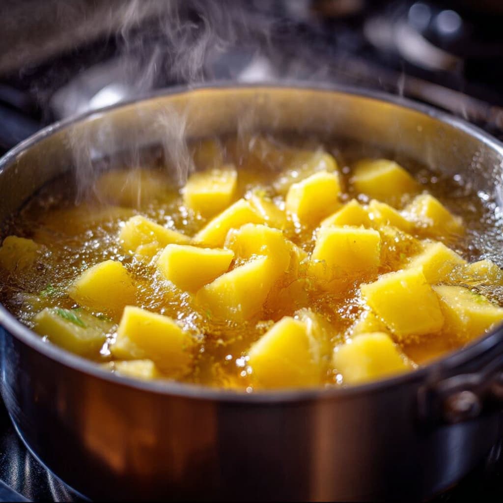 Potatoes boiling in a pot for protein-packed mashed potatoes.