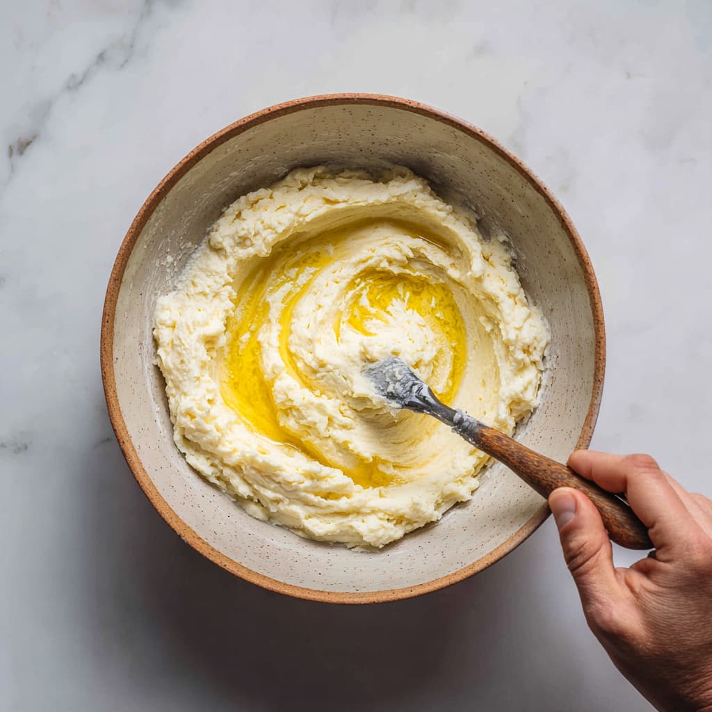 Mashing potatoes with Greek yogurt and olive oil for healthy mashed potatoes.