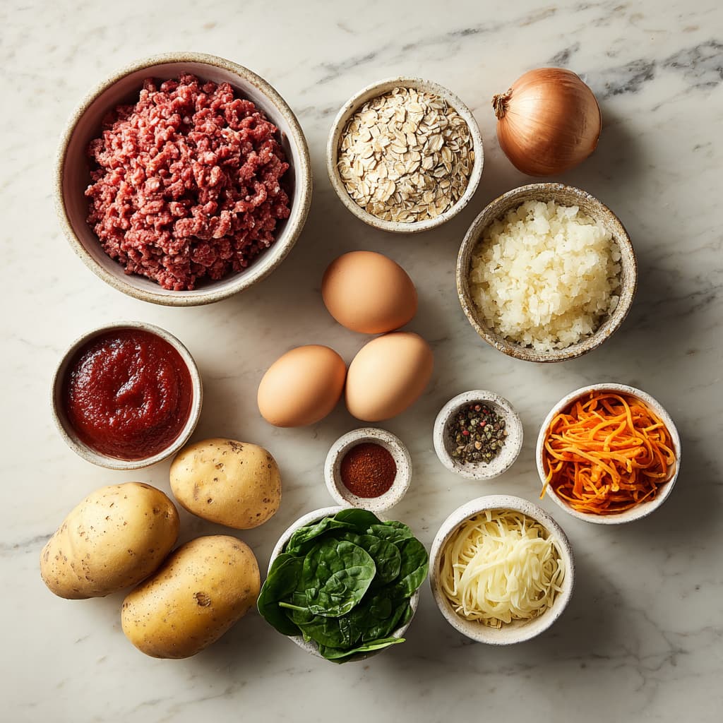 Ingredients for healthy meatloaf and mashed potatoes arranged on a counter.