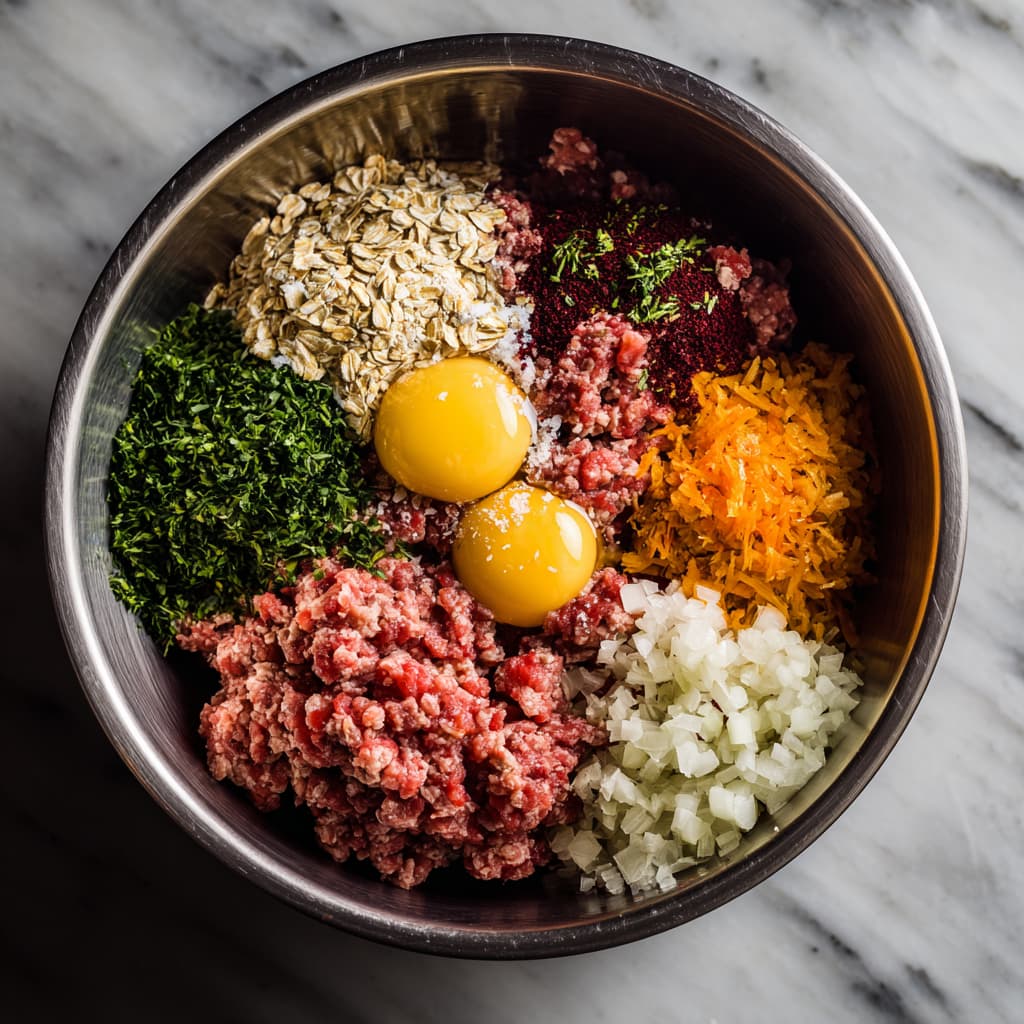 Mixing lean turkey meatloaf with oats, vegetables, and spices.