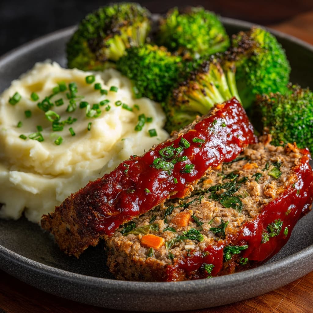 Sliced healthy meatloaf with mashed potatoes served on a plate.