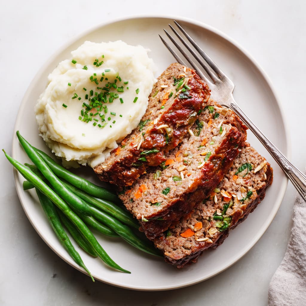 Sliced healthy meatloaf with mashed potatoes served on a plate.
