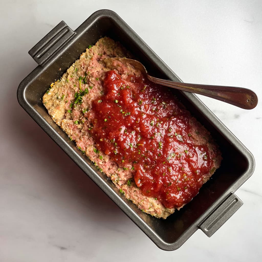 Meatloaf mixture in pan with tomato glaze on top.