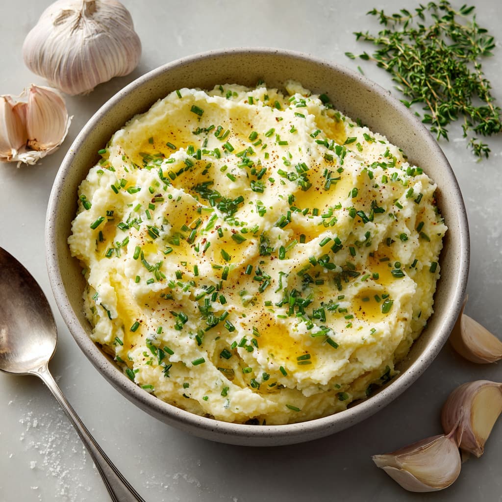 Creamy cauliflower mashed potatoes made with cauliflower, garlic, Greek yogurt, and herbs for a clean eating side dish.